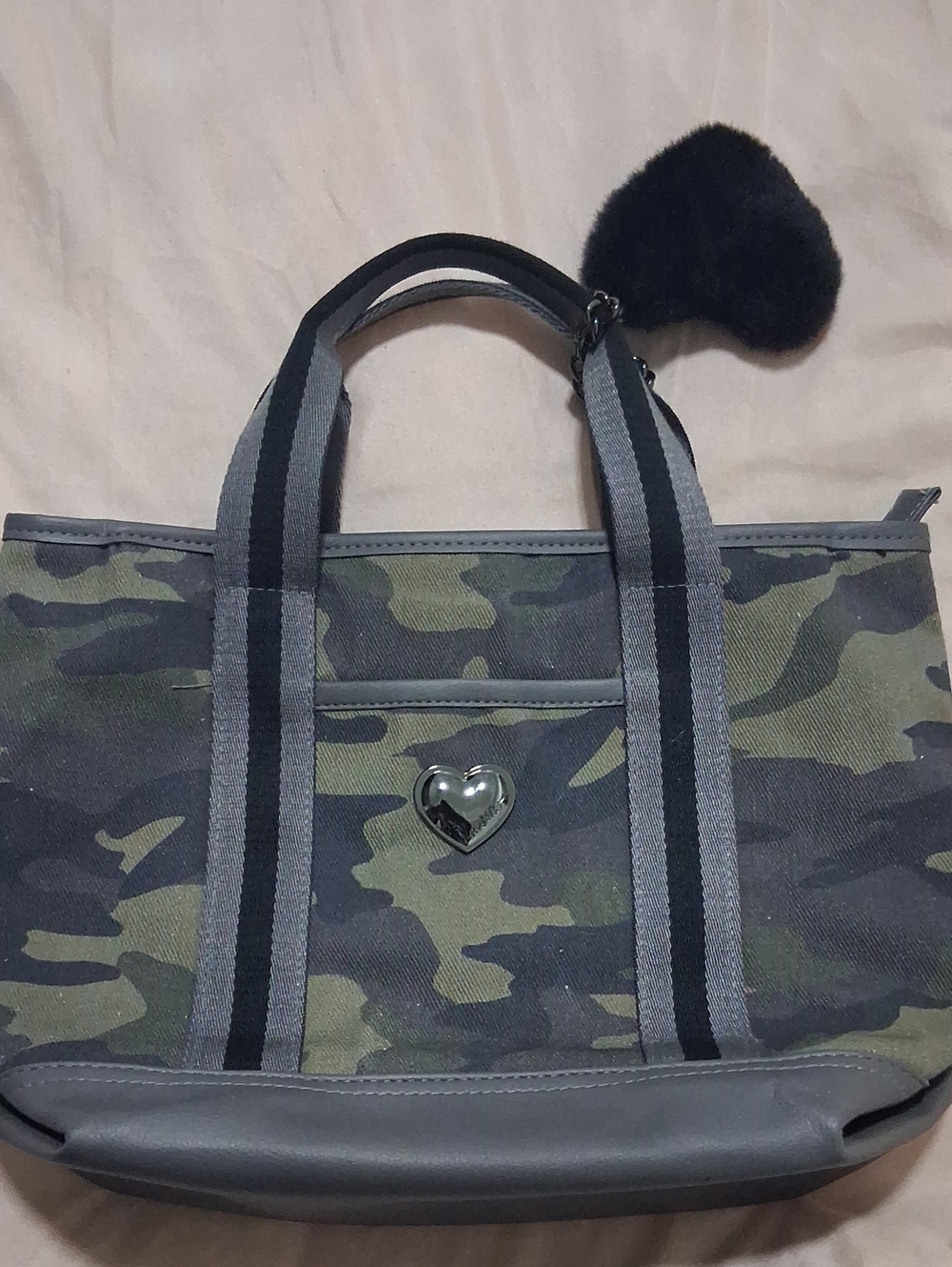 Betsey Johnson Green Camo Heart Accent Tote with Black Pom Pom